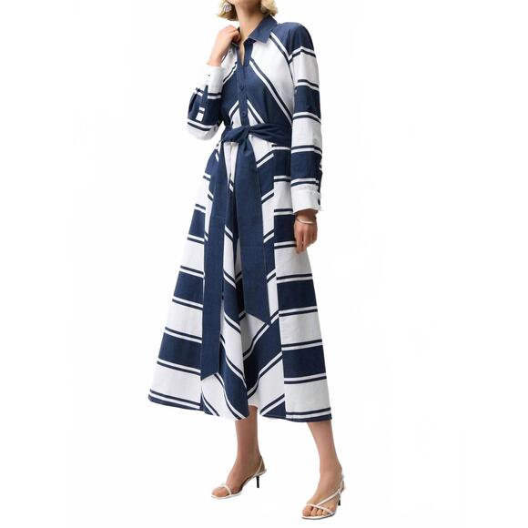 NEW JOSEPH RIBKOFF cotton stripe print fit and flare dress with sash in navy whi